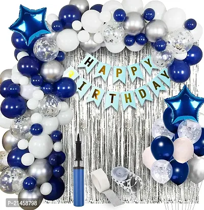 Blue Birthday Decoration Items - Huge 62 Pcs | Silver, White, Blue Balloon Decoration For Birthday | Happy Birthday Decoration For Boys, Husband | Dark Blue Metallic, Confetti, Star Foil Balloon-thumb0