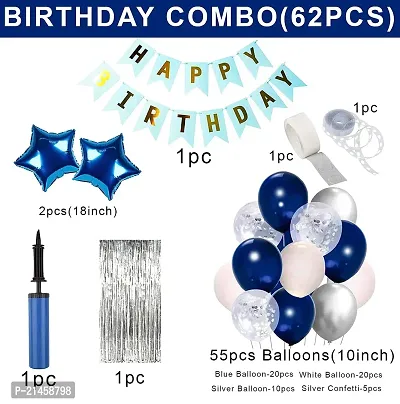 Blue Birthday Decoration Items - Huge 62 Pcs | Silver, White, Blue Balloon Decoration For Birthday | Happy Birthday Decoration For Boys, Husband | Dark Blue Metallic, Confetti, Star Foil Balloon-thumb2