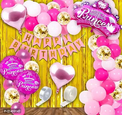 Pink Happy Birthday Decoration Kit for Girls 50pcs Combo Set Metallic Confetti Balloon, Princess Foil Balloon Girls Birthday Decoration Items / Kids Birthday Decoration Items