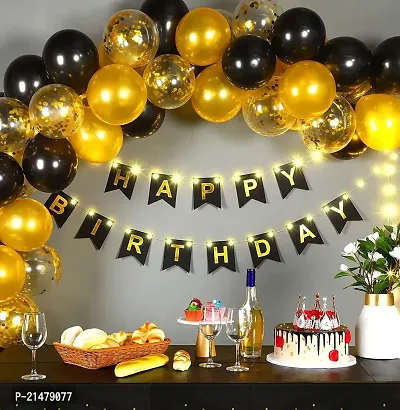 Happy Birthday Decoration Items Boys Girls Husband- 34Pcs Biirthday Decoration Kit cardstock, latex Combo -Black Golden Balloons For Birthday, Happy Birthday Lights, Banner/Ballons-thumb0