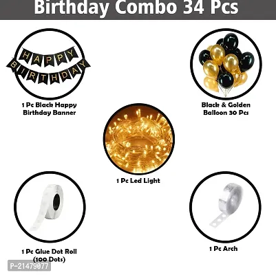 Happy Birthday Decoration Items Boys Girls Husband- 34Pcs Biirthday Decoration Kit cardstock, latex Combo -Black Golden Balloons For Birthday, Happy Birthday Lights, Banner/Ballons-thumb2