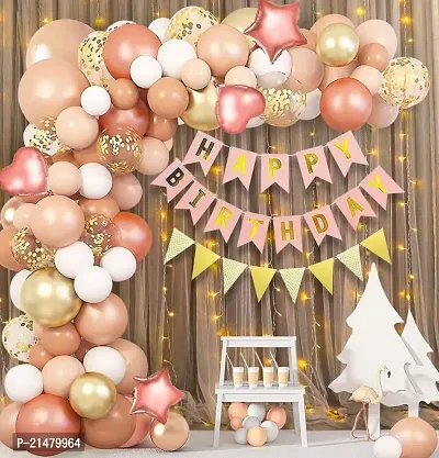 Birthday Decoration Items -49Pcs Rose Gold Birthday Decoration - Curtain Net, Light, Metallic Balloons, Banner , Glue Dot, Arch | Birthday Decoration Items for Girl | Birthday Decorations for Girls-thumb0