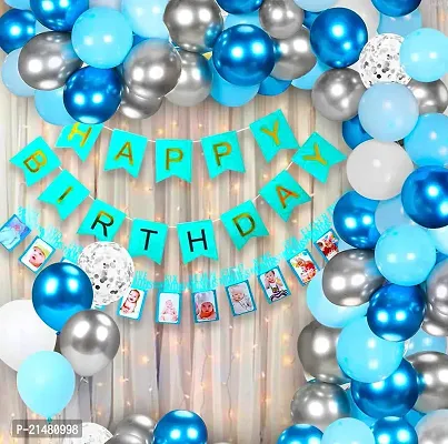 1st Birthday Decoration Items - 67 Pcs Blue Happy Birthday Decoration Kit for Boys with Metallic  Pastel Blue Balloons | White  Silver Balloons | Monthly Photo Banner | Net Curtains | DIY Combo Set
