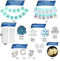 1st Birthday Decoration Items - 67 Pcs Blue Happy Birthday Decoration Kit for Boys with Metallic  Pastel Blue Balloons | White  Silver Balloons | Monthly Photo Banner | Net Curtains | DIY Combo Set-thumb1