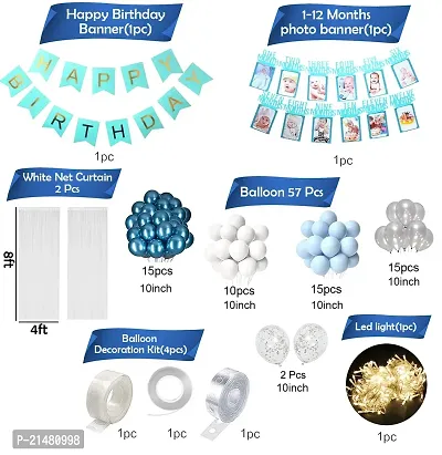 1st Birthday Decoration Items - 67 Pcs Blue Happy Birthday Decoration Kit for Boys with Metallic  Pastel Blue Balloons | White  Silver Balloons | Monthly Photo Banner | Net Curtains | DIY Combo Set-thumb2