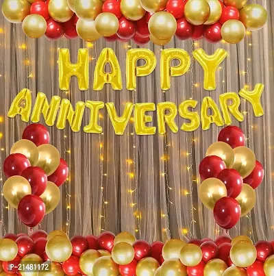 Anniversary Decoration Items - Pack Of 44 Happy Anniversary Decoration Set with Lights, Golden Foil Balloon, Red  Golden Balloons