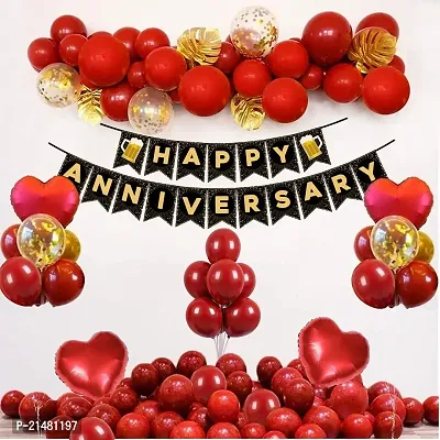 Happy Anniversary Decoration Kit For Home -35 Items Red Combo Set Paper Banner, Metallic Balloons, Heart Foil Balloons anniversary decoration items For Bedroom-thumb0