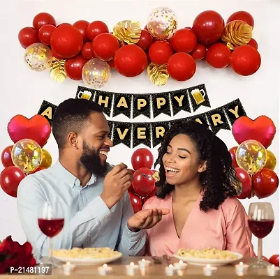 Happy Anniversary Decoration Kit For Home -35 Items Red Combo Set Paper Banner, Metallic Balloons, Heart Foil Balloons anniversary decoration items For Bedroom-thumb2