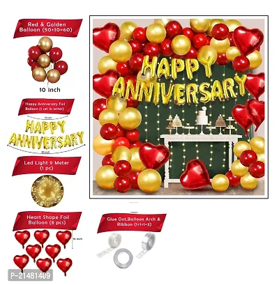Happy Anniversary Decor items - Happy Anniversary Foil Banner , Balloons ,Foil Curtains ,Heart Shape Foil Balloons For Wedding Anniversary -Pack of 70 (Red  Golden)-thumb0
