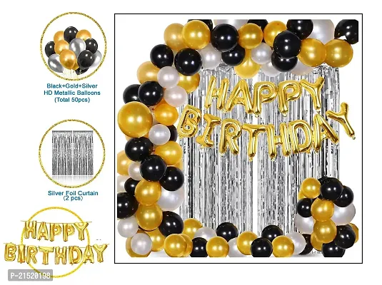 Happy Birthday Decoration Kit Combo - 53Pcs Black Golden Silver Items Set with 2Pcs Silver Foil Curtain,50 Pcs Metallic Rubber Balloons, Golden Happy Birthday Foil Balloon/ Balloon Set