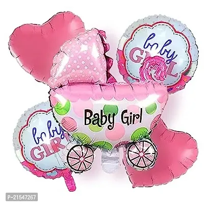 5 Baby Girl Foil Balloons For Baby Shower / It's a Girl Baby Welcome Theme Decorations Item / Maternity Balloons for Photoshoot (1 Baby Girl Pram Foil Balloon (32 INCH), 2 Printed Baby Girl Foil Ballo