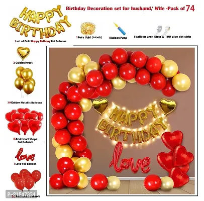 Pack of 74 Happy Birthday Golden Letter Balloon Set With Heart Shaped foil balloons, Metallic Balloons  LED Light for husband wife boyfriend girlfriend