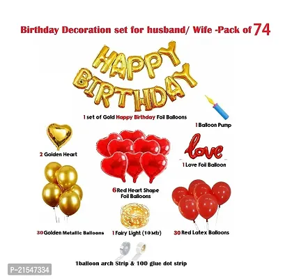 Pack of 74 Happy Birthday Golden Letter Balloon Set With Heart Shaped foil balloons, Metallic Balloons  LED Light for husband wife boyfriend girlfriend-thumb4