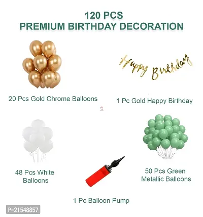 Birthday Decoration Kit 120 Pcs Combo - Gold Birthday Banner,98 (Green White) Metallic Balloons,20 Gold Chrome Balloons, Balloon Pump for Kids, Husband, Wife, Girls, Boys material rubber-thumb2