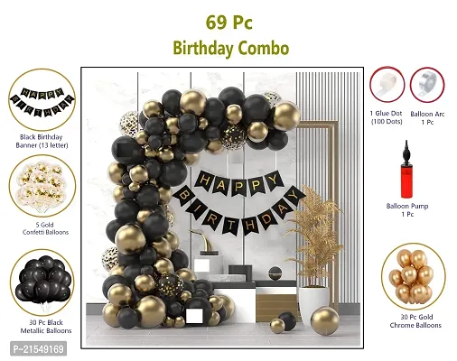 Birthday Decoration Kit 69 pc - Gold Black Balloons, Birthday Banner, Glue Dot, Arc, Confetti Balloons and Balloon Pump for Boys,Kids and Baby Birthday Decoration Items material Rubber