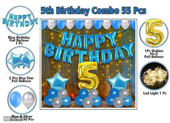 5th Birthday Decoration Items For Boys With Fairy Lights- 55Pcs - Birthday Decorations kit for Boys 5th birthday/ Baby Birthday Decoration Items 5 Year material foil, latex Blue
