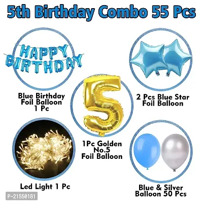 5th Birthday Decoration Items For Boys With Fairy Lights- 55Pcs - Birthday Decorations kit for Boys 5th birthday/ Baby Birthday Decoration Items 5 Year material foil, latex Blue-thumb2