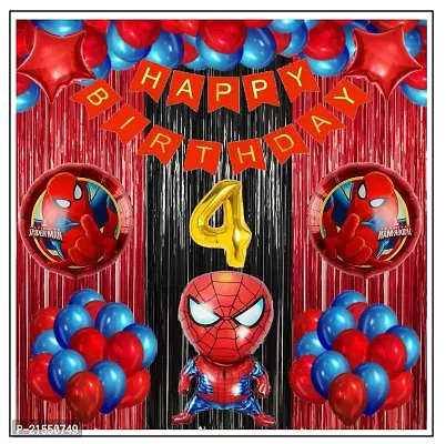 No 4 Gold Balloons with Spiderman Theme Birthday Decoration Items or Kit Red Banner Set of 13 Letters with 30 HD Royal Blue  Red Metallic Balloons birthday celebration Decoration + 1 Pc Big Spiderman