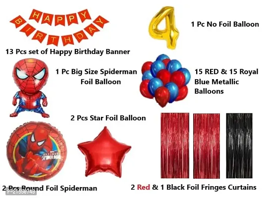 No 4 Gold Balloons with Spiderman Theme Birthday Decoration Items or Kit Red Banner Set of 13 Letters with 30 HD Royal Blue  Red Metallic Balloons birthday celebration Decoration + 1 Pc Big Spiderman-thumb2