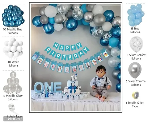 1st birthday decoration with monthly Photo banner for boys, net fabric backdrop Diy Combo set with Balloon Garland arch tape, Fairy LED lights - 67 Pc Set / first-thumb0