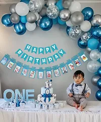 1st birthday decoration with monthly Photo banner for boys, net fabric backdrop Diy Combo set with Balloon Garland arch tape, Fairy LED lights - 67 Pc Set / first-thumb2