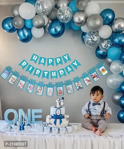 1st birthday decoration with monthly Photo banner for boys, net fabric backdrop Diy Combo set with Balloon Garland arch tape, Fairy LED lights - 67 Pc Set / first-thumb3