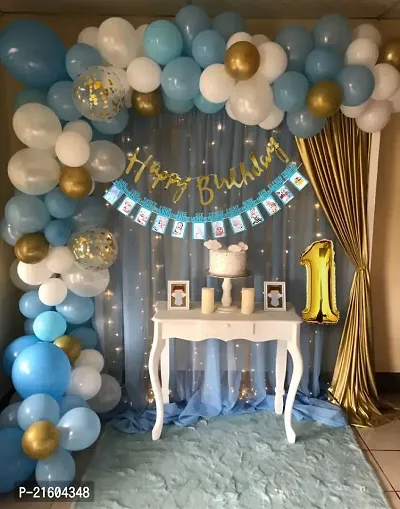 1St Happy Birthday Decoration Items No.1 Gold Foil Balloon|Chrome  Confetti Balloons Set With Monthly Banner|Birthday Decorations For Boys|Backdrop|Party Props Combo|Helium 83 Pcs