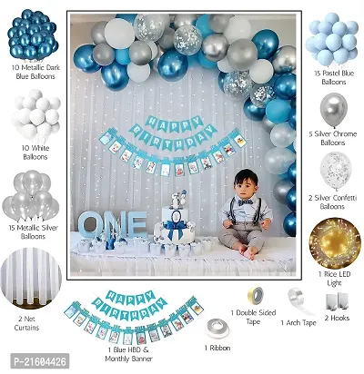 1st birthday decoration with monthly Photo banner for boys, net fabric backdrop Diy Combo set with Balloon Garland arch tape, Fairy LED lights - 67 Pc Set / first