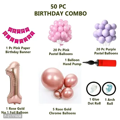 50 Pc Birthday Decoration Kit Pink and Purple Pastel Balloons Combo with Birthday Banner, Arc, Glue Dot for girls Kids Baby Birthday Decoration Items | Birthday Decoration Combo ,Rubber-thumb2