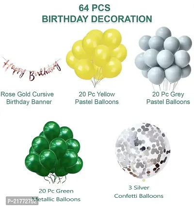 64 Pc Happy Birthday Decoration Kit Yellow Grey Green Balloon with Birthday Banner, Confetti Balloons |Birthday Decoration item material Rubber-thumb2