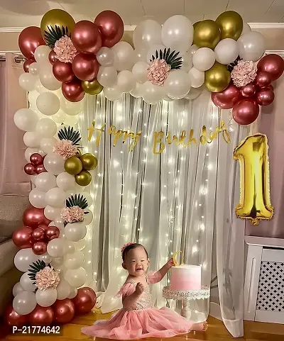 1St Happy Birthday Decoration Items For Boys/Girls Combo,Rose Gold  White Color Set Balloons Kit For Party,Metallic Balloons  Palm Leaves,White Net Curtain-68 Pcs
