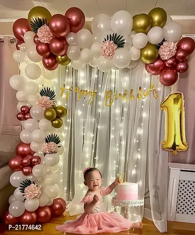 1St Happy Birthday Decoration Items For Boys/Girls Combo,Rose Gold  White Color Set Balloons Kit For Party,Metallic Balloons  Palm Leaves,White Net Curtain-68 Pcs-thumb0