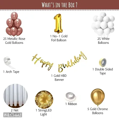 1St Happy Birthday Decoration Items For Boys/Girls Combo,Rose Gold  White Color Set Balloons Kit For Party,Metallic Balloons  Palm Leaves,White Net Curtain-68 Pcs-thumb2