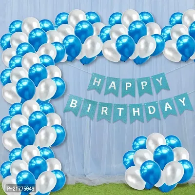 Birthday Decoration Items Kit | Vibrant Balloons, Stunning Decorative Curtain Net, Happy Birthday Banner |Ideal for Birthdays, Celebrations, and Events 33-Piece Combo (White, Blue  Silver)
