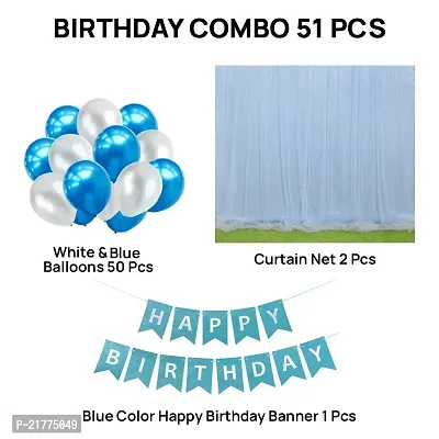 Birthday Decoration Items Kit | Vibrant Balloons, Stunning Decorative Curtain Net, Happy Birthday Banner |Ideal for Birthdays, Celebrations, and Events 33-Piece Combo (White, Blue  Silver)-thumb2