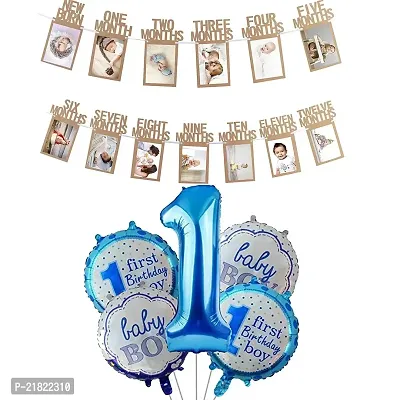 Birthday Decoration Items for 1st Birthday - Set of 6 Pcs 12 Months Photo Banner for Birthday | 1st Birthday Decoration for Boys | 1st Birthday Decoration for Girls | 1 Number Foil Balloon