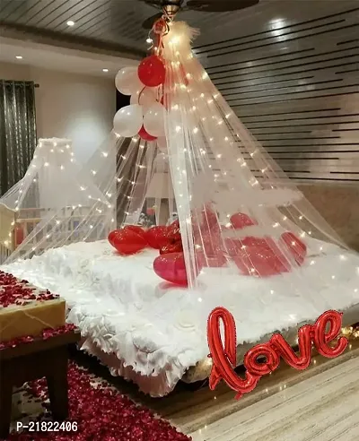 27 Pc Tent Romantic Decoration Set ndash; Red and White Balloons Foil Heart LED Light and Back Drop White Curtains| bedroom decoration items| cocomelon theme Romantic party decorations banner-thumb0