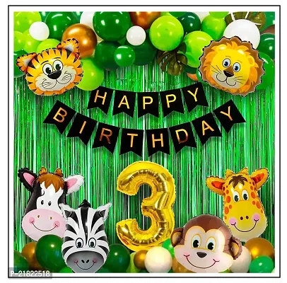 Jungle 3rd Birthday Decoration - 52Pcs, Jungle Theme Birthday Decoration For Boys, Girls | Happy Birthday Decoration Items For Boy, Girl | Foil, Metallic Balloons, Birthday Banner(Cardstock)-thumb0