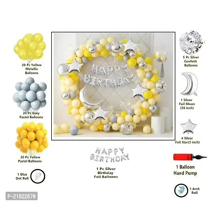 74Pc Birthday Decoration Kitndash; Yellow Grey Silver Balloons Birthday Foil Moon Stars with Arch and Glue Dot and Balloon Hand Pump Birthday Decoration Items | Birthday Decoration Combo-thumb0