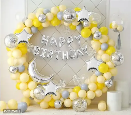 74Pc Birthday Decoration Kitndash; Yellow Grey Silver Balloons Birthday Foil Moon Stars with Arch and Glue Dot and Balloon Hand Pump Birthday Decoration Items | Birthday Decoration Combo-thumb4