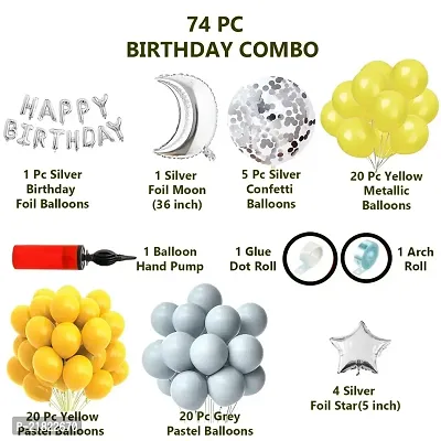 74Pc Birthday Decoration Kitndash; Yellow Grey Silver Balloons Birthday Foil Moon Stars with Arch and Glue Dot and Balloon Hand Pump Birthday Decoration Items | Birthday Decoration Combo-thumb5