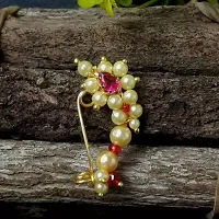 Maharashtrian Nath Nose pin Small Size Traditional Diamond Marathi Nathni Stud non piercing Pearl Gold Plated Nath Clip On Nose Jewellery For Girls and Women-thumb3