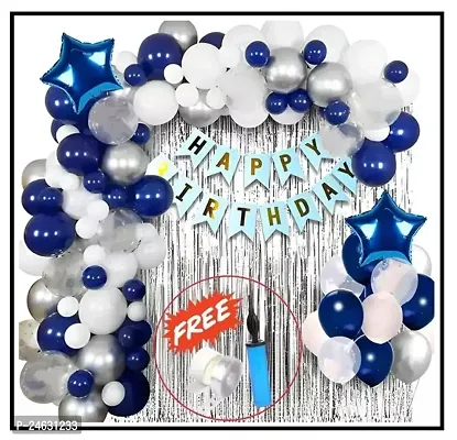 Blue Happy Birthday Party Set - Blue Banner, 30pcs blue silver white Metallic Balloons, Star Foil Balloons, Fringe Foil Curtains, and Balloon Pump-thumb0