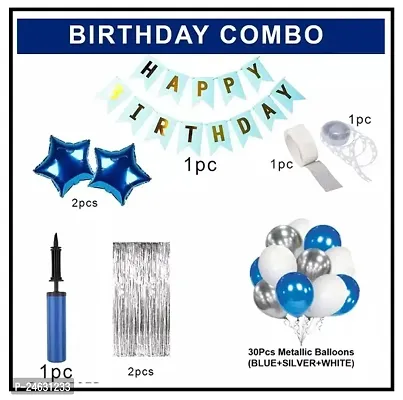 Blue Happy Birthday Party Set - Blue Banner, 30pcs blue silver white Metallic Balloons, Star Foil Balloons, Fringe Foil Curtains, and Balloon Pump-thumb2