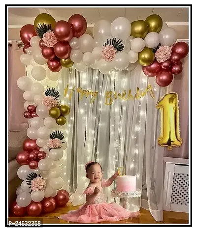 1st First Birthday Decoration White Net Curtain Cloth For Items Set 41pcs With led light, Birthday Banner, Arch Tape, Glue Dot, Metallic Balloons