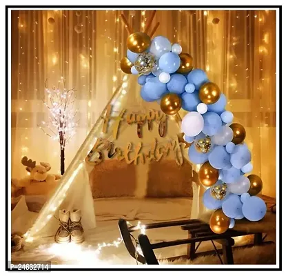 Birthday Decoration Items Includes White Net for Cabana Tent Theme Party with LED Lights, Happy Birthday Gold Cursive Banner  Golden + Golden + White Metallic Balloon-thumb0