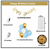 Birthday Decoration Items Includes White Net for Cabana Tent Theme Party with LED Lights, Happy Birthday Gold Cursive Banner  Golden + Golden + White Metallic Balloon-thumb1