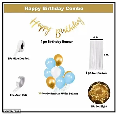 Birthday Decoration Items Includes White Net for Cabana Tent Theme Party with LED Lights, Happy Birthday Gold Cursive Banner  Golden + Golden + White Metallic Balloon-thumb2