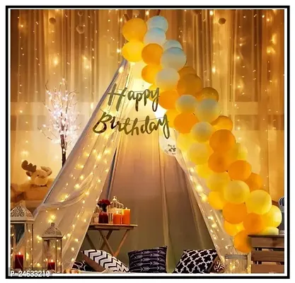 Birthday Decoration Items Includes White Net for Cabana Tent Theme Party with LED Lights, Happy Birthday Gold Cursive Banner  Golden + White Metallic Balloons-thumb0
