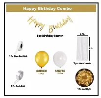 Birthday Decoration Items Includes White Net for Cabana Tent Theme Party with LED Lights, Happy Birthday Gold Cursive Banner  Golden + White Metallic Balloons-thumb1